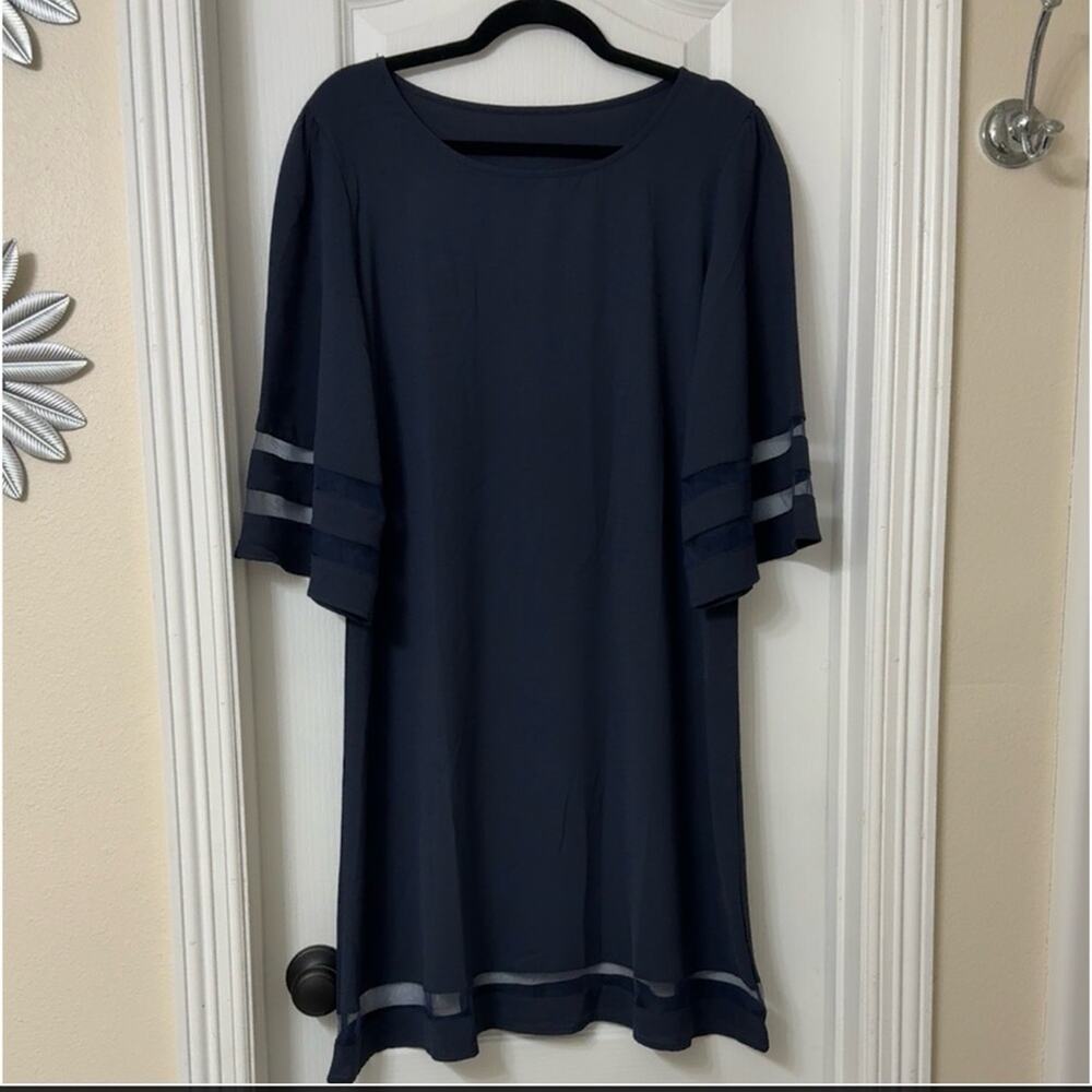 Women Casual Crewneck Mesh Panel 3/4 Bell Sleeve Loose Tunic Dress Size XL - Picture 2 of 5